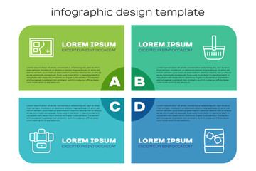 Set line Hiking backpack, Folded map, Glass of whiskey with ice and Picnic basket. Business infographic template. Vector
