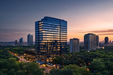 Obraz premium Aerial view of a city at night showcasing a solitary apartment building and office towers with illuminated facades, highlighting the vibrant real estate and commercial districts of the urban skyline.