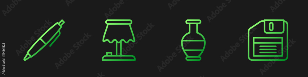 Poster set line ancient amphorae, pen, table lamp and floppy disk. gradient color icons. vector