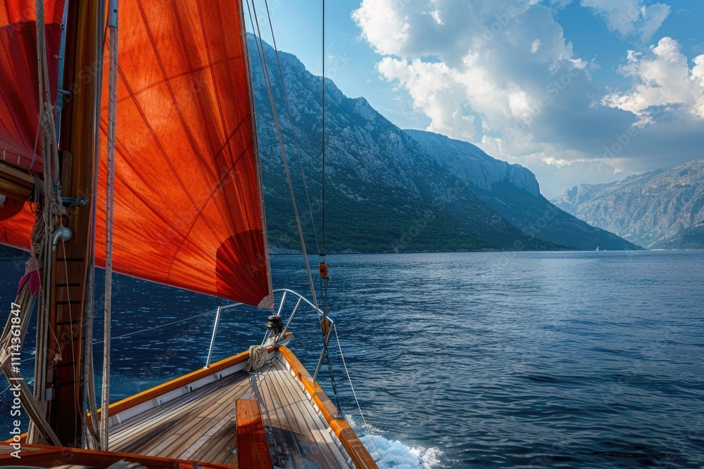 Poster a sailboat with a red sail sailing on calm waters