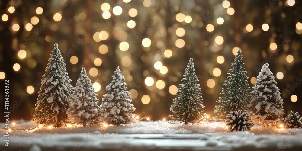 Poster christmas decorations rest on a snowy surface alongside pine trees illuminated by lights, set agains