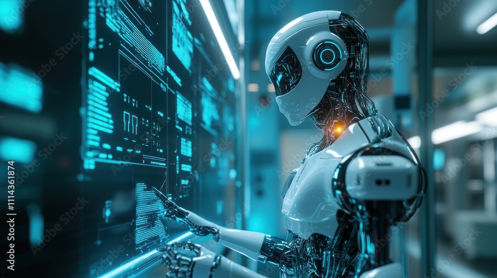 Poster advanced ai robot interacting with futuristic interface