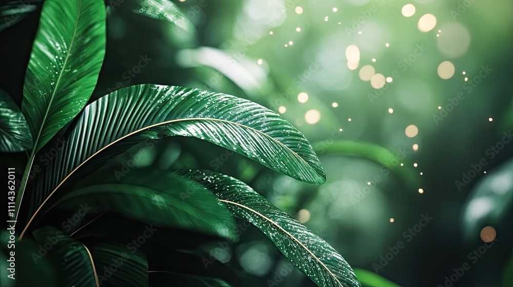 Poster green leaf background banner embellished with a bokeh light overlay, creating a visually engaging de
