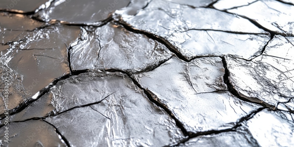 Poster intricate detail of a silver metallic surface featuring a cracked texture, showcasing a unique desig