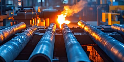 An industrial facility is producing steel shafts using a high pressure gas torch in its workshop. The manufacturing of steel shafts is taking place with this specialized equipment.