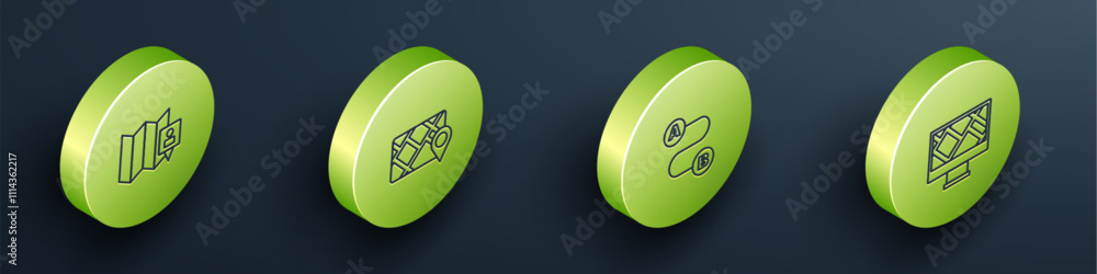 Poster set isometric line folded map with location marker, gps device, route and monitor icon. vector