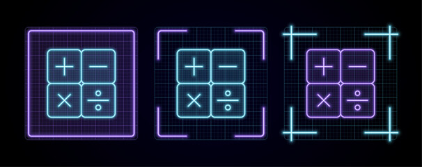 Math symbols icon illustration, cyber neon visual, glowing border grid vector.