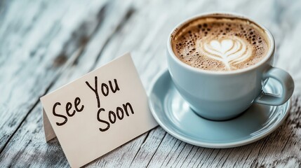 Cozy coffee cup with a heart latte art next to a friendly 'See You Soon' card on a rustic table.