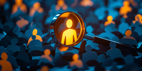 Magnifying glass illuminating a single orange figure amidst blue silhouettes, symbolizing individuality, focus, and differentiation in a sea of people.