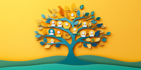 A colorful abstract tree with user icons as leaves, symbolizing relationships, growth, and connections on a yellow background.