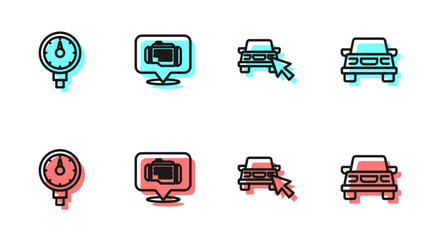 Set line Online car sharing, Tire pressure gauge, Check engine and Car icon. Vector
