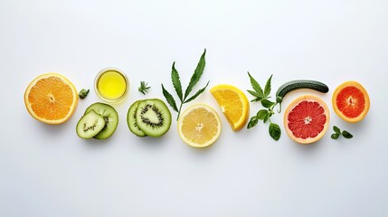 Flat lay arrangement of fresh vegetables, fruits, and hemp oil, ideal for showcasing healthy eating choices with ample photo style copy space.