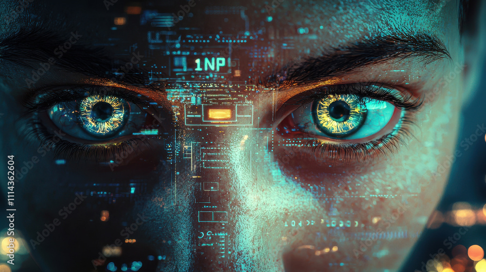 Poster eye scan hologram concept. futuristic eye scan with glowing optical display and digital data