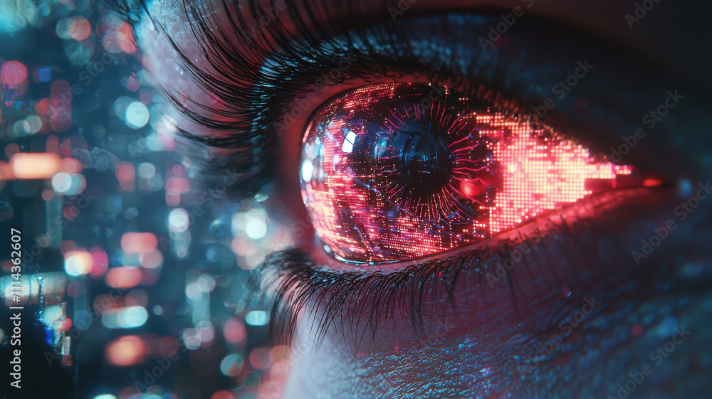 Poster eye scan hologram concept. close up of futuristic eye with glowing digital patterns, showcasing tech