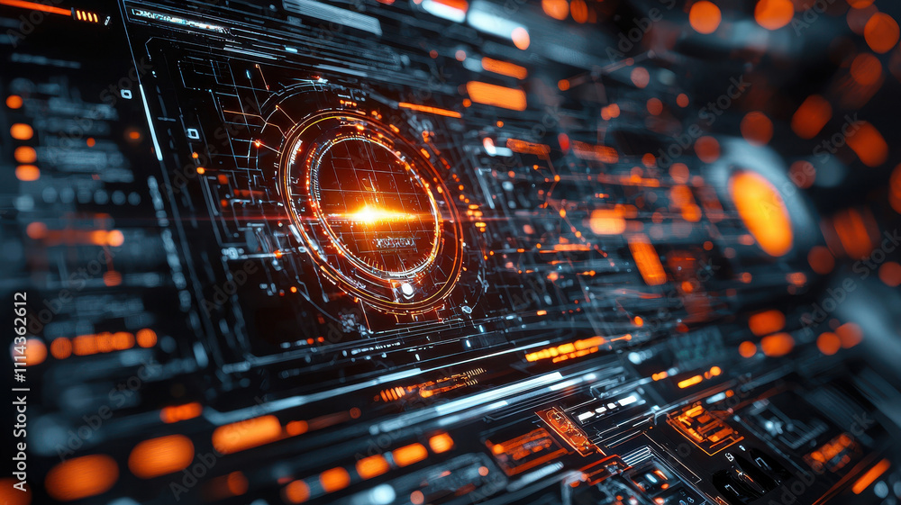 Poster eye scan hologram concept. futuristic digital interface with glowing orange elements and circuits