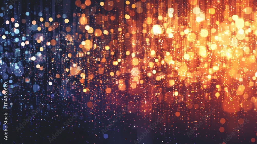 Poster a pixelated overlay texture with shimmering, glimmering dots in a rich gradient, giving a dynamic an