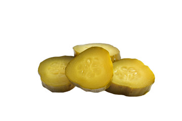 Sliced ​​pickled cucumber slices lie on a PNG background.