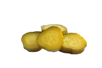 Sliced ​​pickled cucumber slices lie on a PNG background.