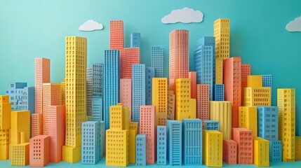 Obraz premium Brightly colored paper cut buildings against a blue background