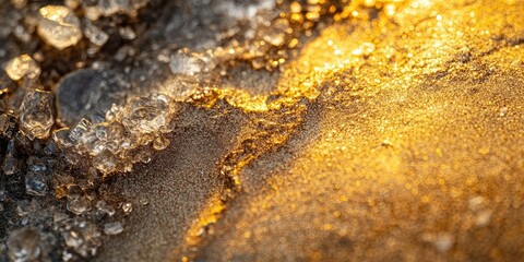 Macro photography captures the intricate details of the ground layer, showcasing stones, sand, and marble dust, all enveloped in a warm glow and reflection for added beauty.