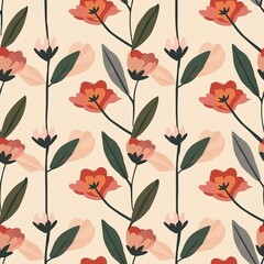 Abstract Floral Pattern with Red and Pink Flowers