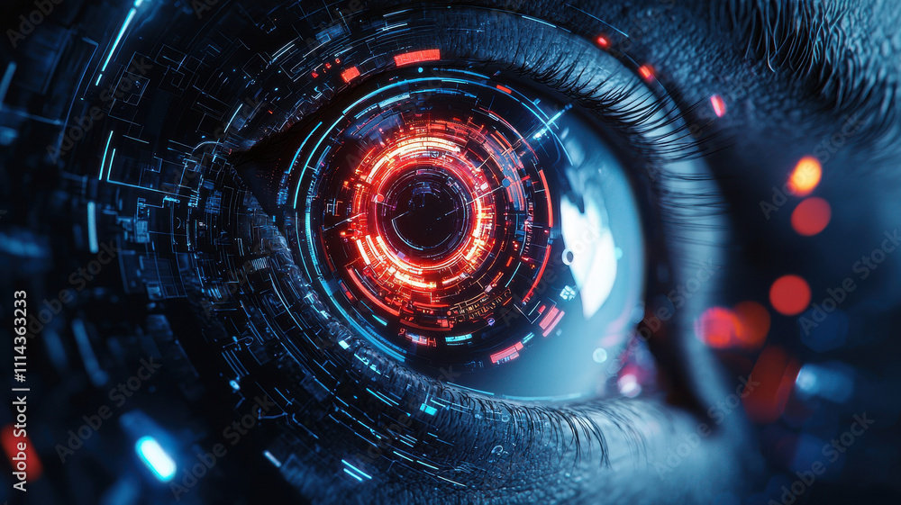 Poster eye scan hologram concept. futuristic eye scan with glowing biometric interface details