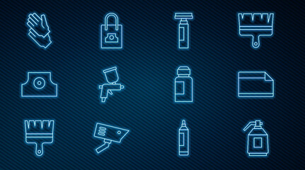 Set line Paint spray gun, Paper adhesive sticker, Marker pen, Spray can nozzle cap, Rubber gloves, Paint, gouache, jar, dye and icon. Vector