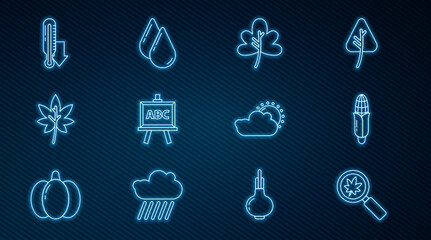 Set line Magnifying glass with leaf, Corn, Leaf leaves, Chalkboard, Meteorology thermometer, Sun and cloud weather and Water drop icon. Vector
