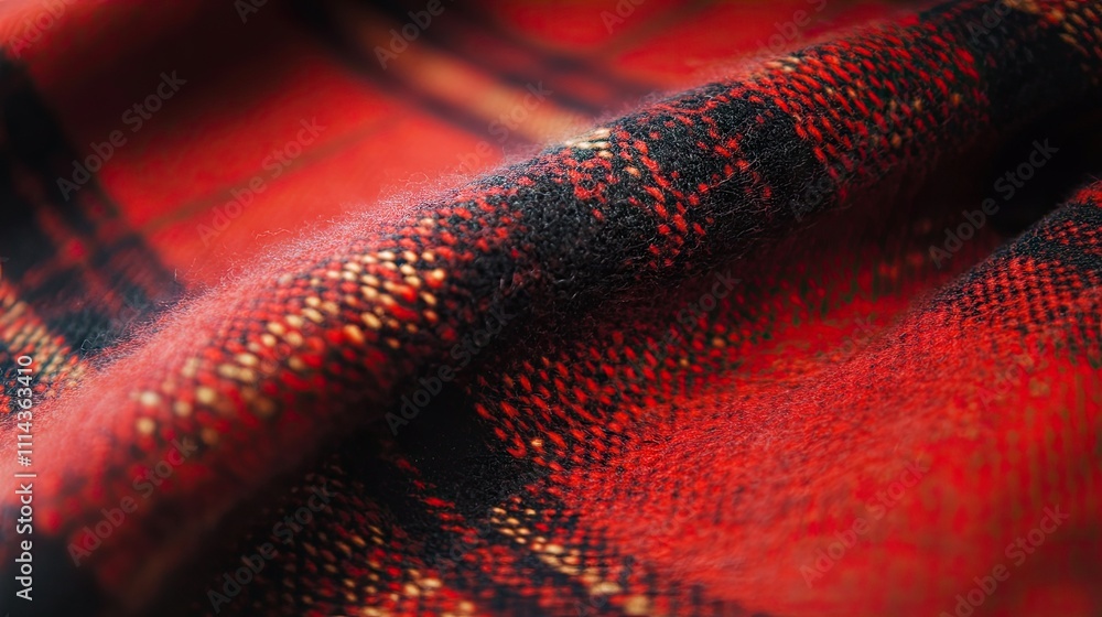 Poster close-up of red tartan print fabric, highlighting the intricate patterns and textures. ideal for des