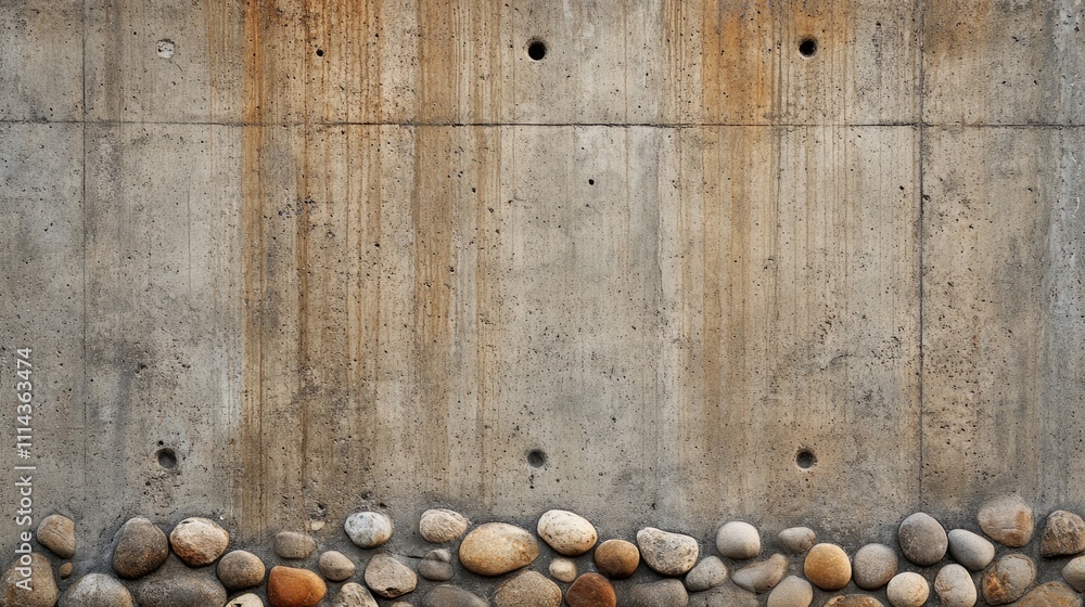 Poster brown concrete wall adorned with pebbles, creating a unique texture. this brown concrete wall serves