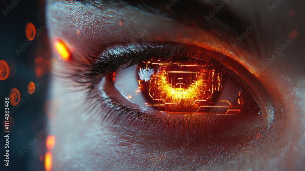 Poster eye scan hologram concept. detailed eye scan with holographic display glowing intensely