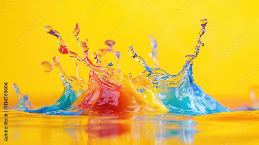 Poster colorful liquid floating in water creates a dynamic visual effect against a yellow background. this 