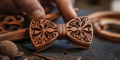 The skillful artistry of a woodworker in creating intricately carved wooden bow ties showcases exceptional craftsmanship and attention to detail in woodworking.