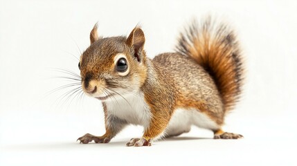 Obraz premium Adorable squirrel with bushy tail poised on a white background, showcasing its vibrant fur.