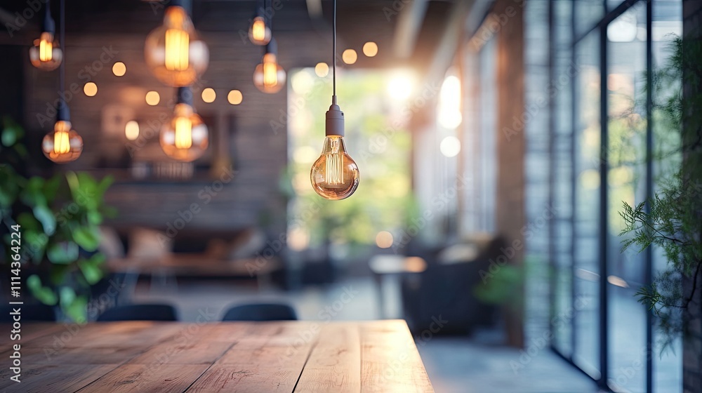 Poster interior design concept in loft style with a focus on unique elements, featuring bokeh effects and a