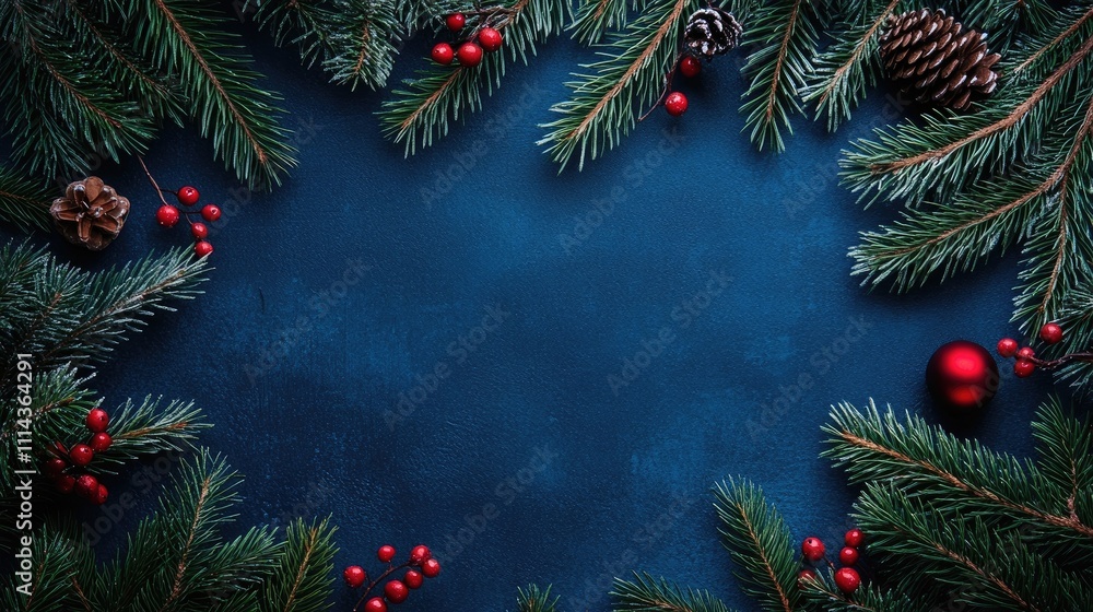 Poster simple christmas background created with fir branches and decorations. this top view layout provides