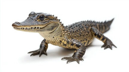 Naklejka premium Close-up of a baby alligator with textured scales and a curious gaze on a clean white background.