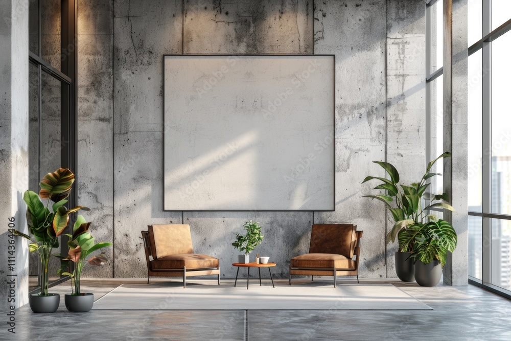 Poster simple room setup with two chairs and a large poster on the wall, ready for presentation or meeting