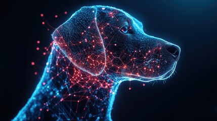 Digital twin technology creating glowing avatar of dog with futuristic connections