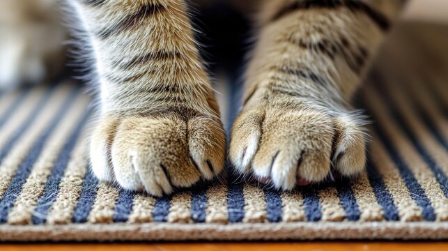A close-up view of a cat's paws resting on a rug, with claws extended