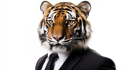Fototapeta premium Surreal portrait of a tiger in a suit merging wildlife with human elegance.