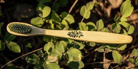 Eco friendly bamboo toothbrush featuring soft bristles made from natural green leaves, designed for sustainable dental care and promoting a zero waste lifestyle.