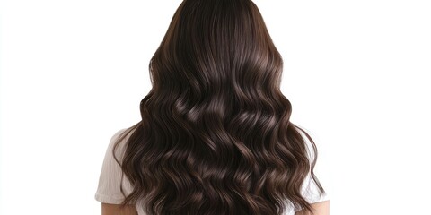 Obraz premium A lovely brunette woman showcases a breathtaking hairstyle. Her long, thick, and lustrous dark brown hair stands out against a white backdrop.