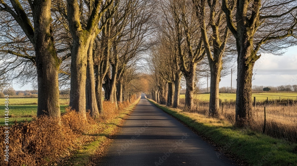Poster Serene empty road lined with trees and distant telegraph poles, creating a peaceful landscape. The empty road invites exploration, offering a sense of tranquility and open space.