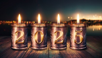 Lightning burning candles in cans for a happy new year 2025 in the evening 