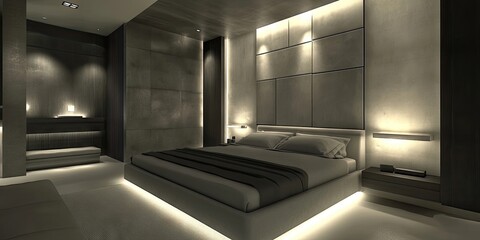 Modern bedroom interior design featuring a minimalist approach with shades of grey, embodying a contemporary home interior concept focused on simplicity and elegance.