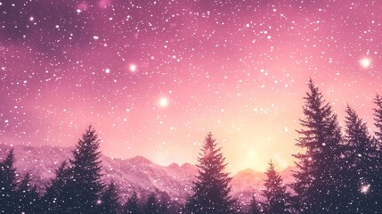 Naklejka premium Pink Winter Wonderland: Snowy Mountains and Silhouetted Trees at Sunset