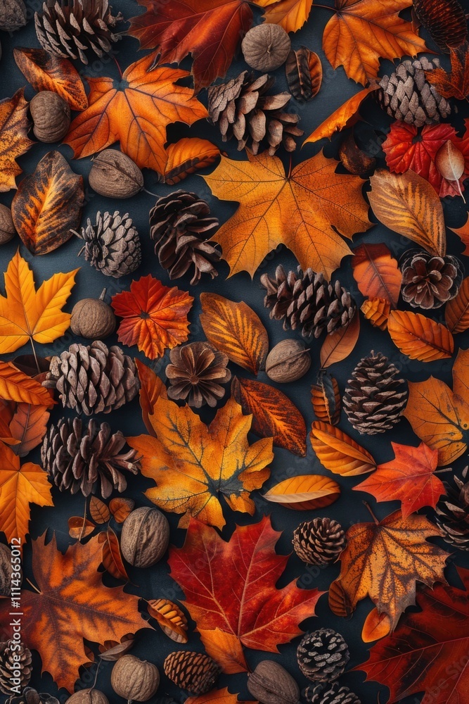 Poster a collection of pine cones and leaves arranged on a table