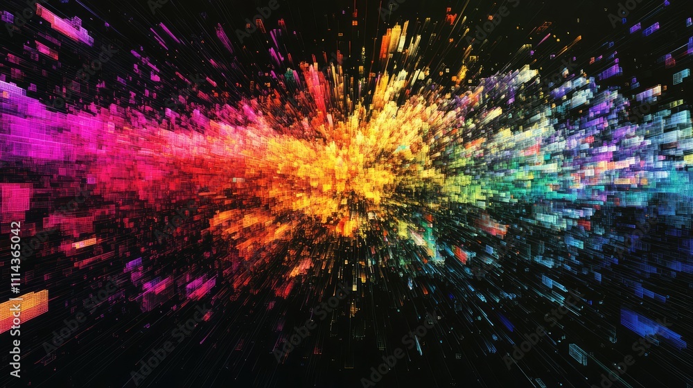 Poster a psychedelic abstract pixel collage with rainbow-colored pixels, creating a visual explosion of col