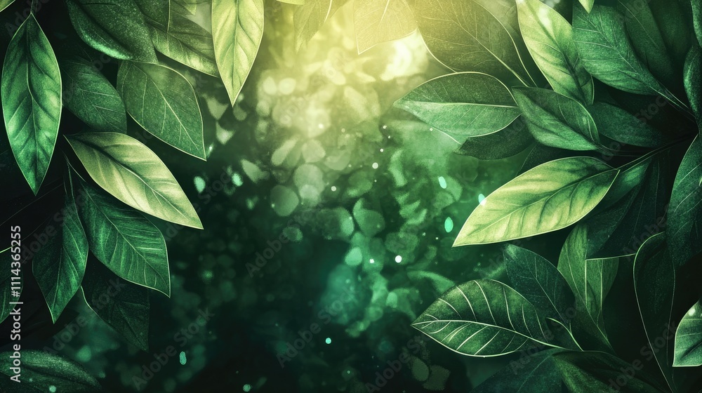 Poster green leaf background banner embellished with a bokeh light overlay, creating a visually engaging de